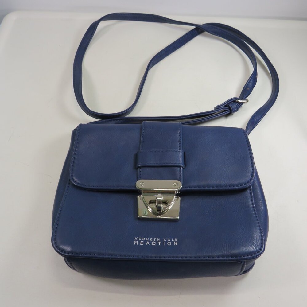 Kenneth Cole REACTION Navy Blue Faux Leather Purse / Bag Silver Hardware